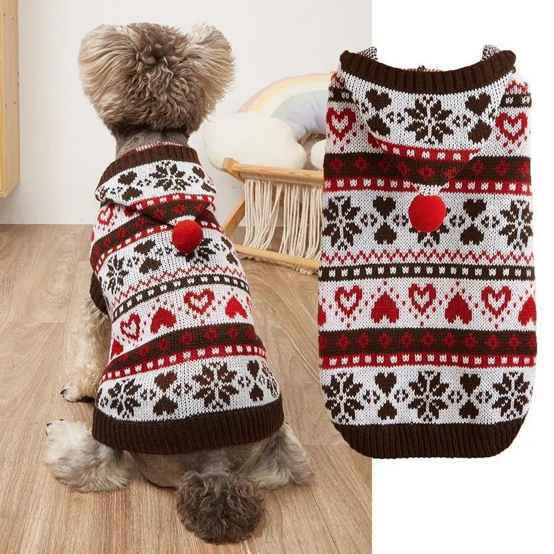 Blue knitted dog sweater with snowflake and camouflage patterns on a small white dog.