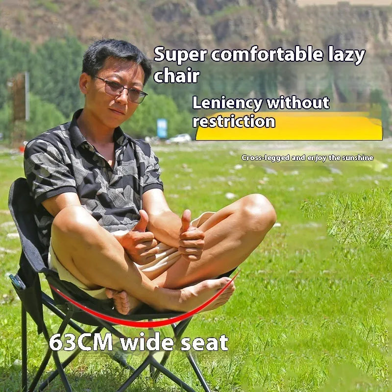 Camping outdoor folding chair in khaki with steel frame and 600D Oxford cloth, shown in a garden setting