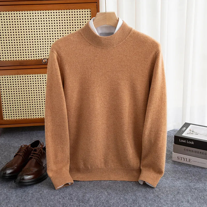 Man wearing a loose-fit half-collar wool sweater in a dark colour, showcasing the knit texture and collar style.