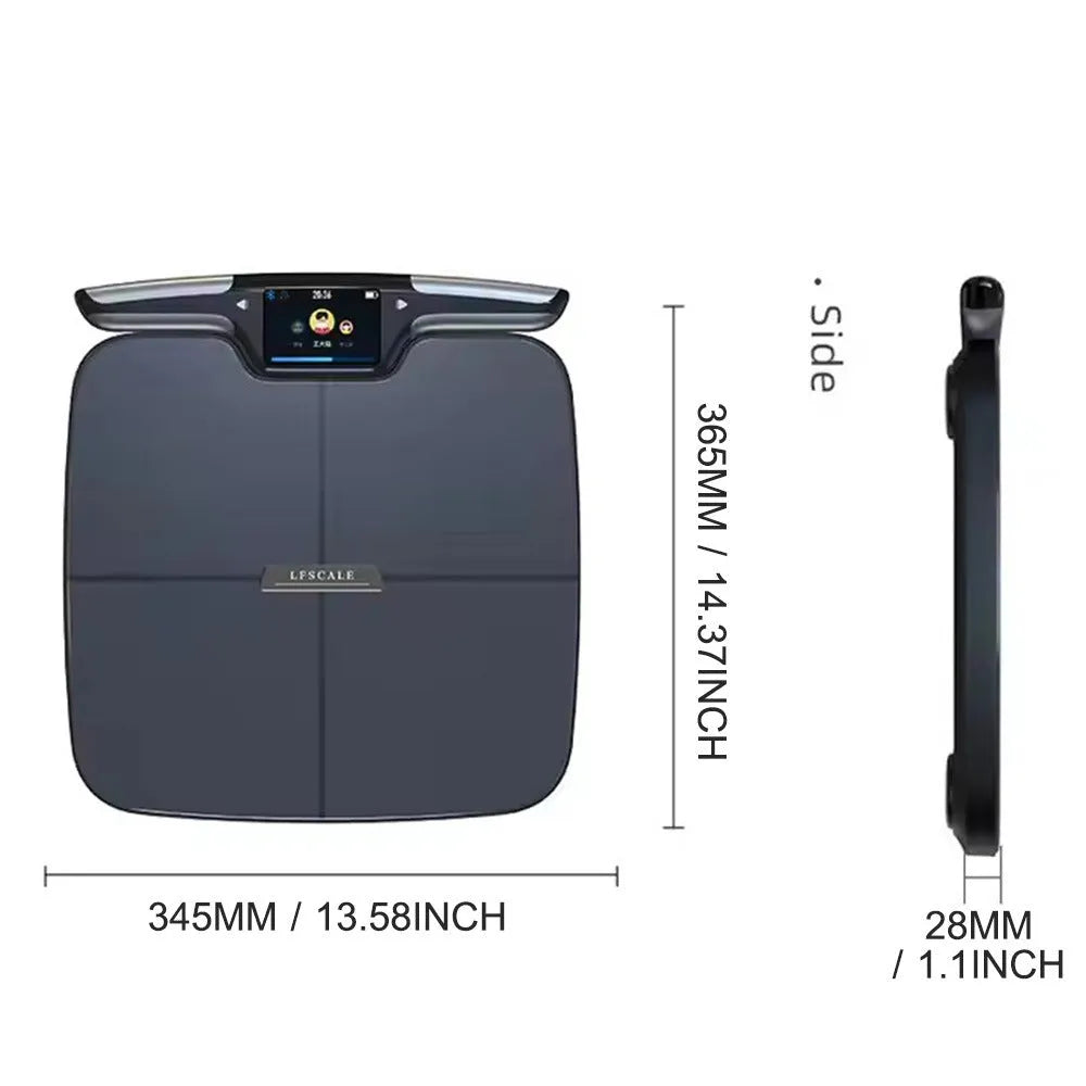 Black eight-electrode body fat weighing scale with digital display for household use