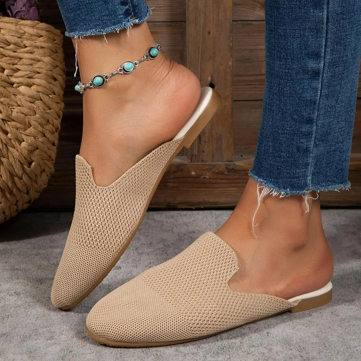 Apricot, blue and green candy colour mesh slip on sandals with rubber soles