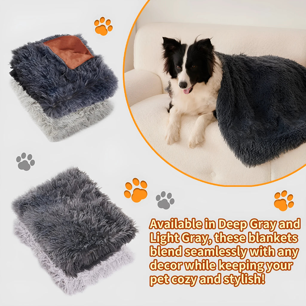 Light grey pet blanket made of velvet and long plush, with fluffy texture, on a sofa