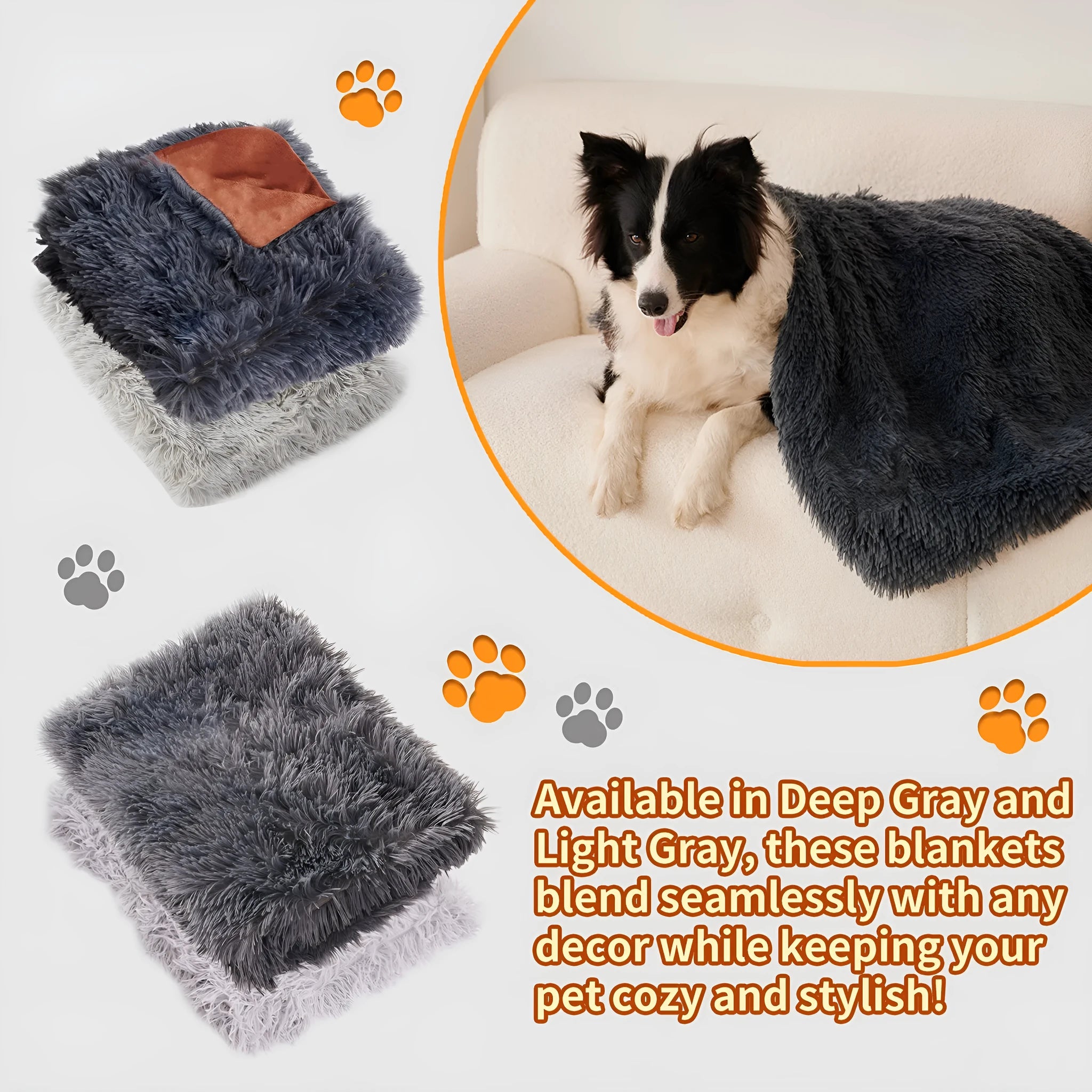 Light grey pet blanket made of velvet and long plush, with fluffy texture, on a sofa