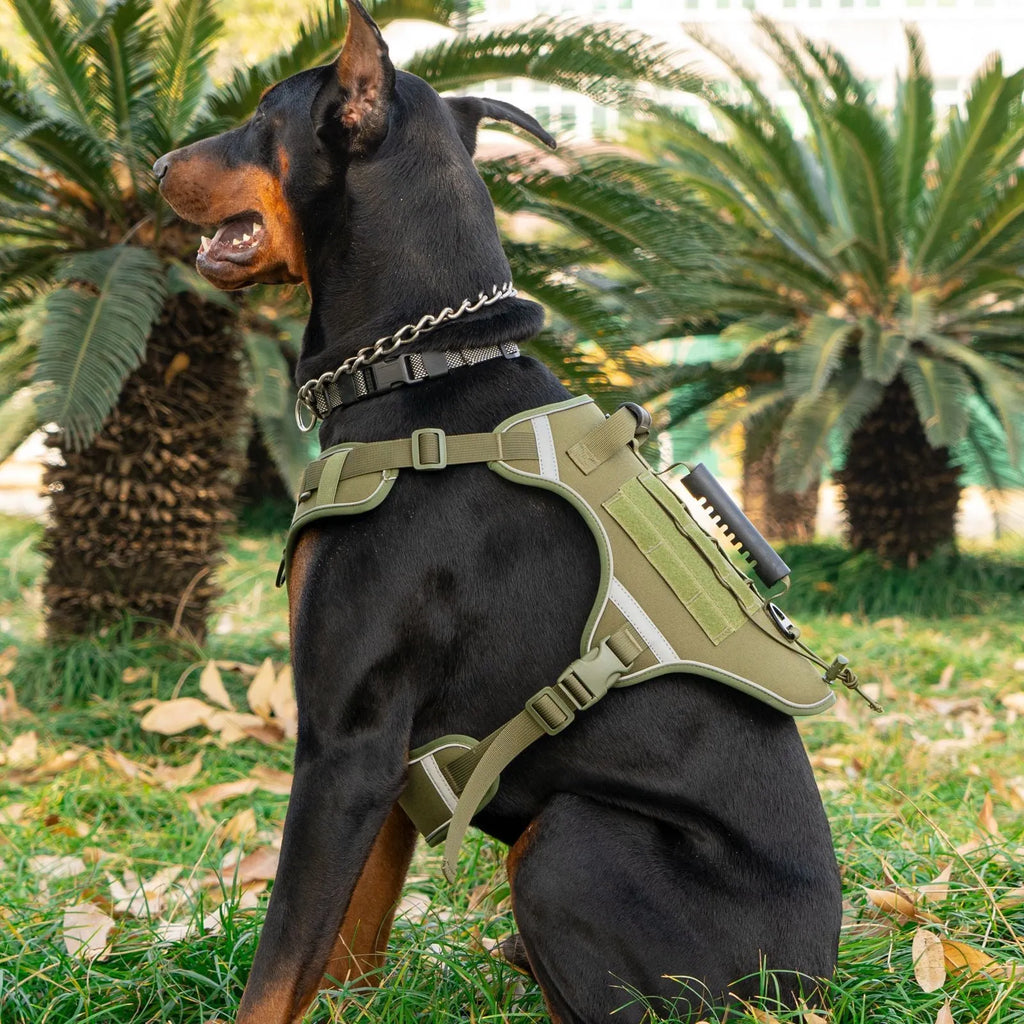 Tactical dog chest harness with back handle, reflective polyester, available in black, army green, desert yellow, and camouflage