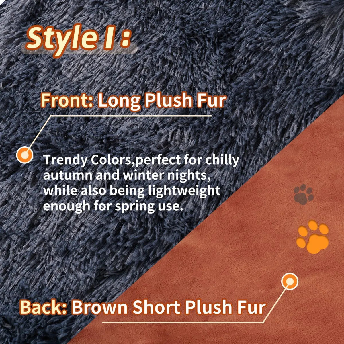 Light grey pet blanket made of velvet and long plush, with fluffy texture, on a sofa