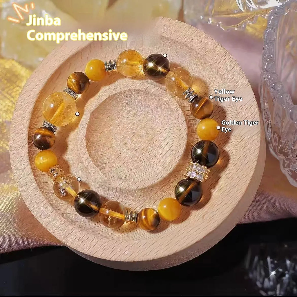 Close-up of a women's bracelet with yellow tower-shaped artificial crystal beads on a string.