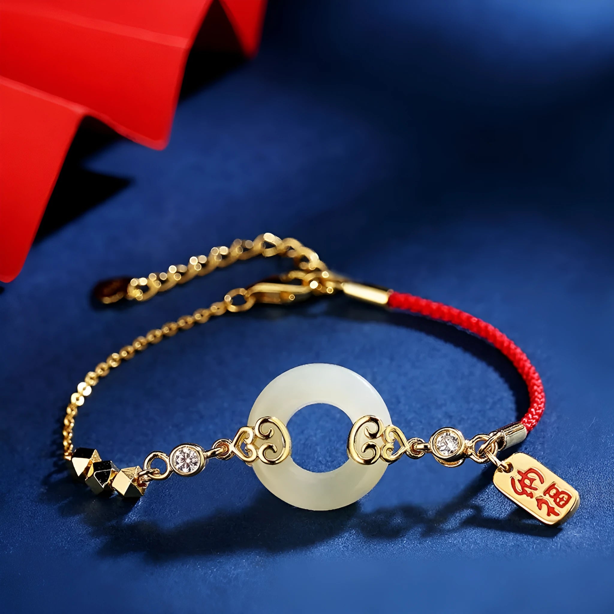 Hetian jade gourd bracelet set in 925 sterling silver with peace buckle and Fu character motifs on white background