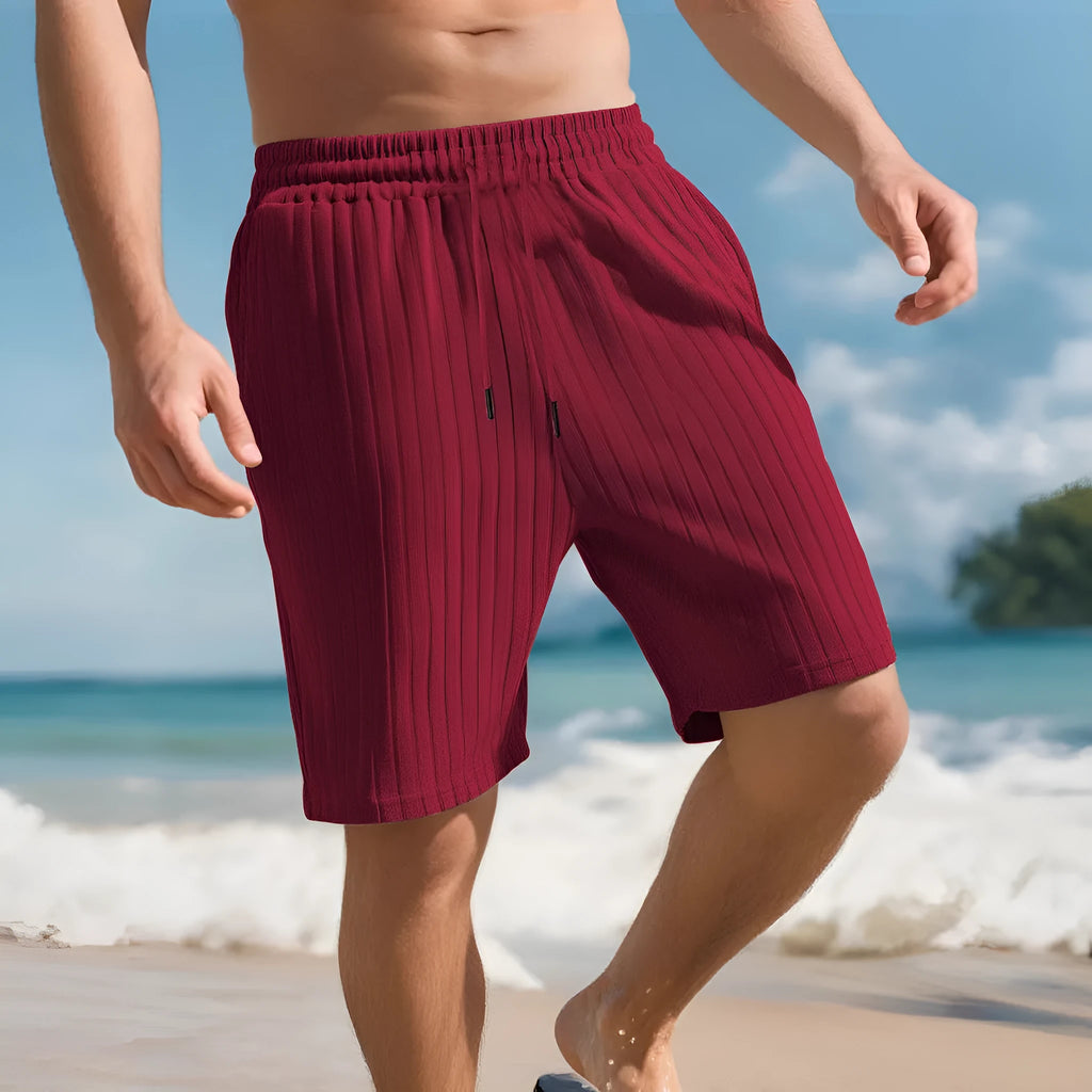 Men's striped beach pants with lace trim and multiple pockets in khaki