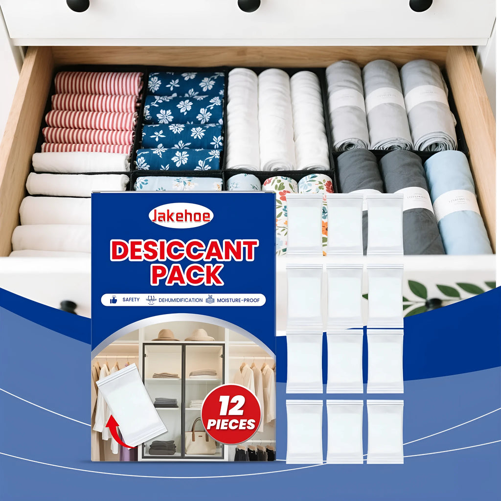Pack of 12 white calcium chloride desiccant units for household moisture and odour control.