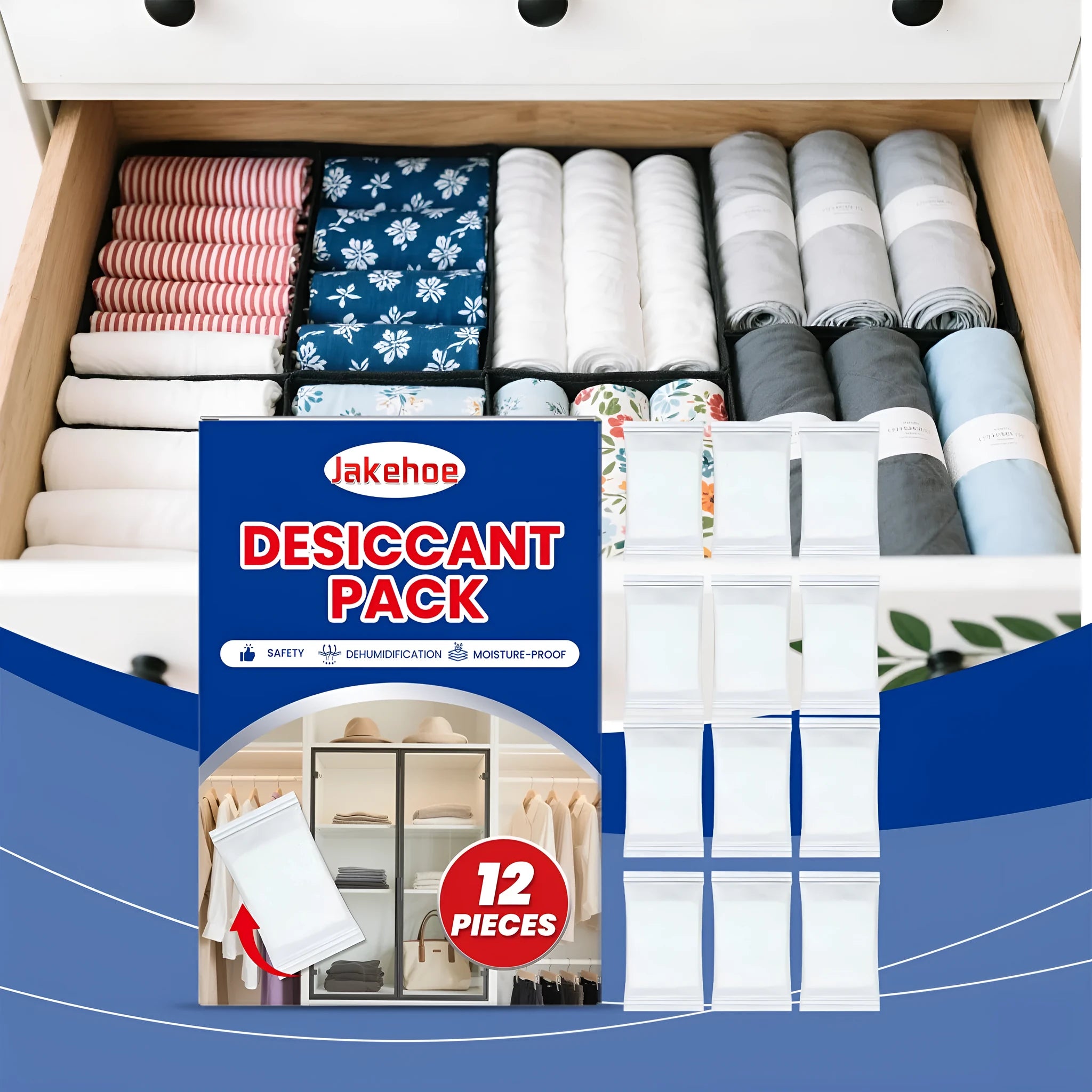 Pack of 12 white calcium chloride desiccant units for household moisture and odour control.