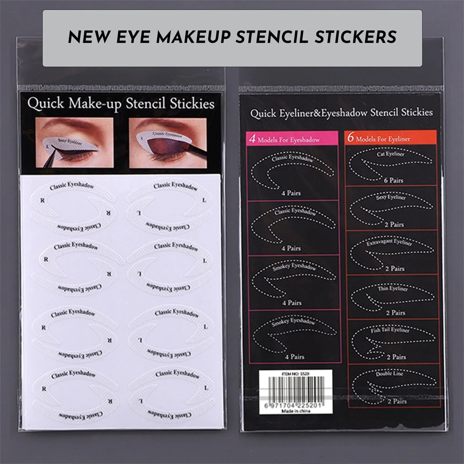 Four reusable eyeliner stencil templates for makeup application including wing and cat-eye designs