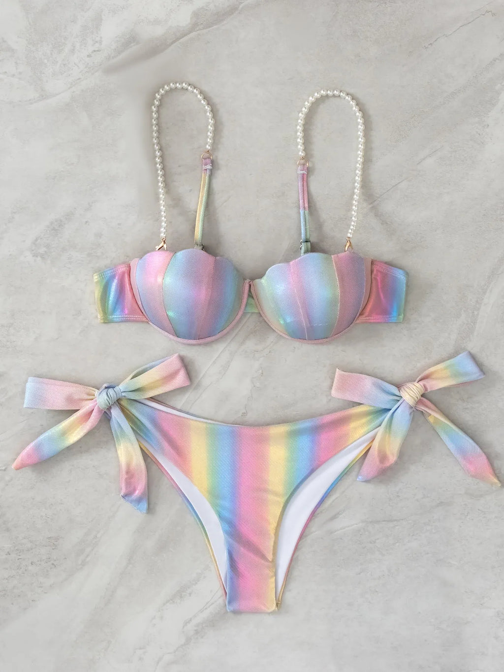 Women's shell rainbow bikini split tied swimsuit with polyester fabric, side ties, and matching top and pants
