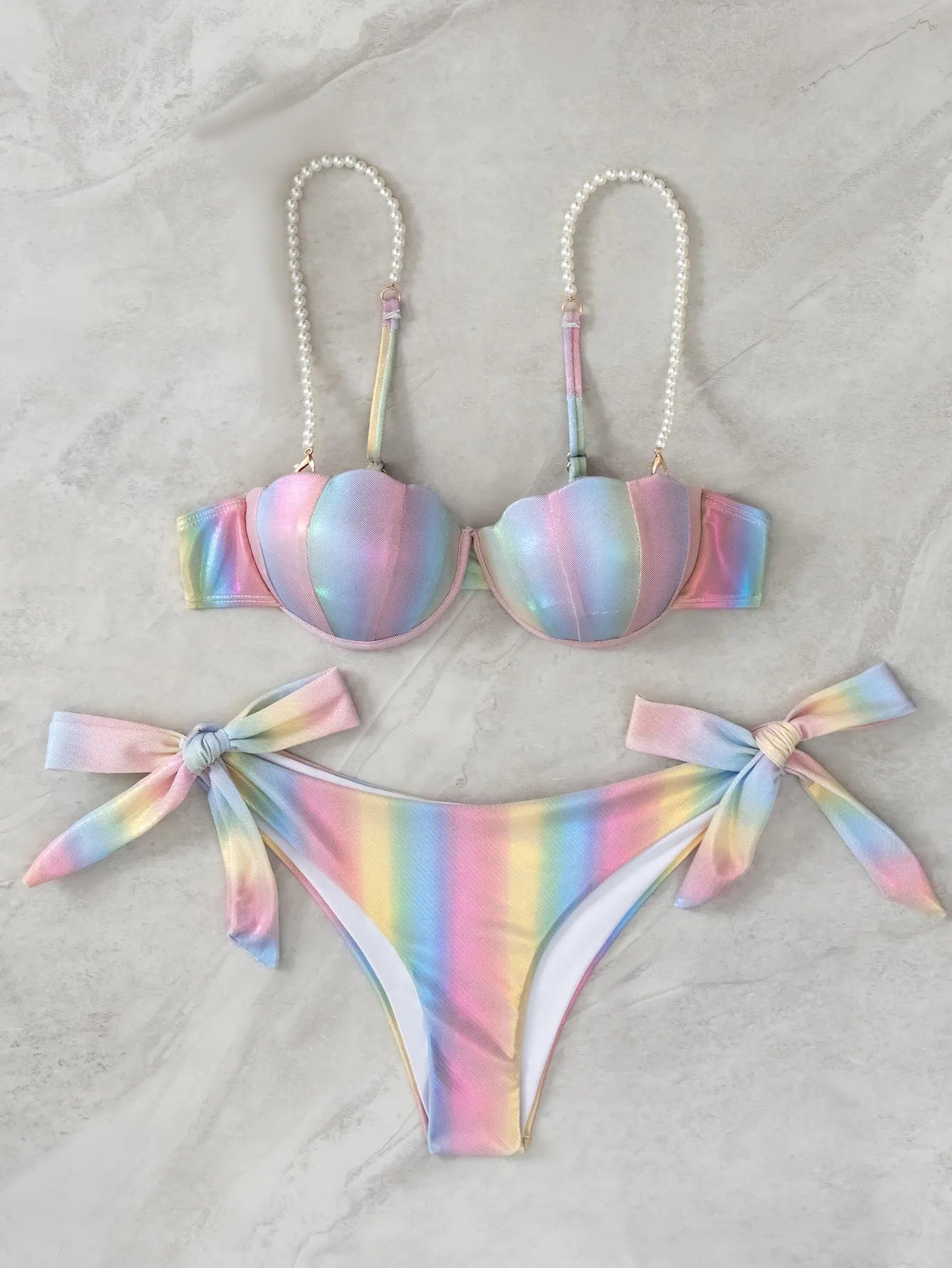 Women's shell rainbow bikini split tied swimsuit with polyester fabric, side ties, and matching top and pants
