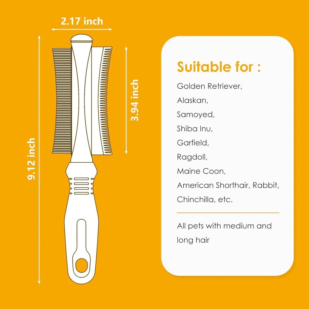 White double-sided pet grooming brush with comb and deshedding head on a curved ergonomic handle.