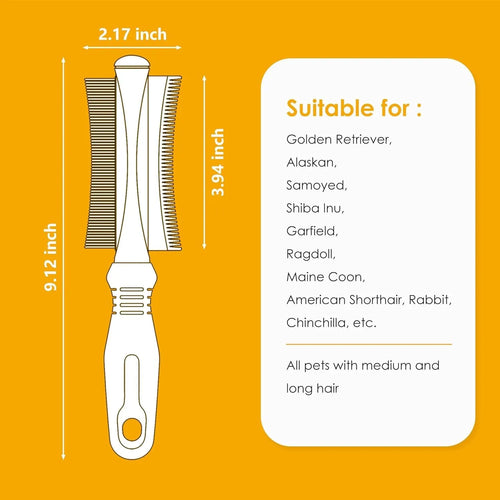 White double-sided pet grooming brush with comb and deshedding head on a curved ergonomic handle.