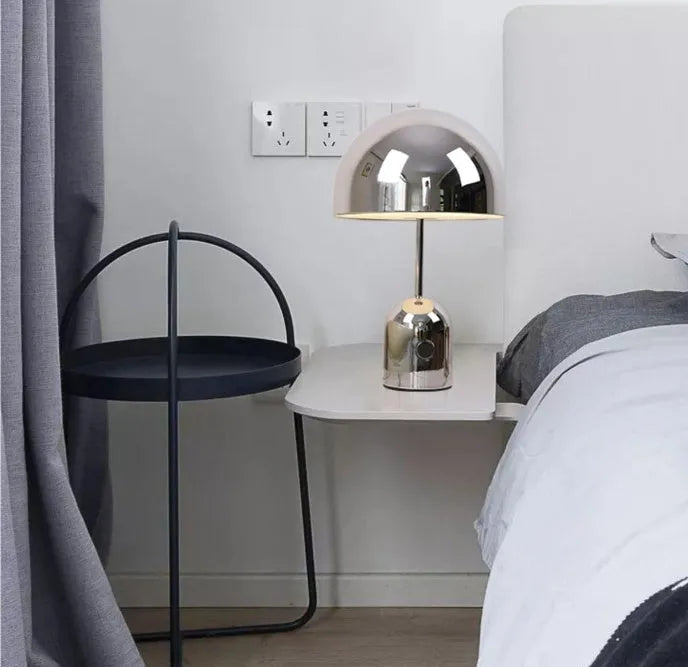 Rose gold bedside table lamp with metal base measuring 280mm wide by 450mm high