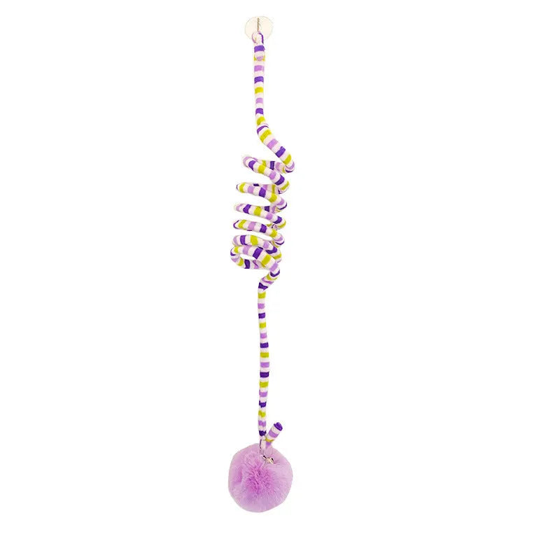 Kitten toy with hanging bell stick and inflatable ball attached by suction cup, available in blue, green, purple, red, or yellow