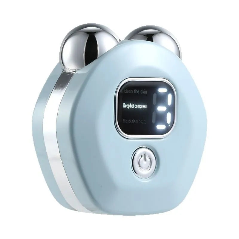 Portable white handheld facial massage instrument with double rollers and a charging cable