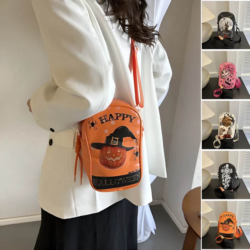 Halloween graffiti crossbody phone bag with pumpkin ghost bat prints in multiple colours