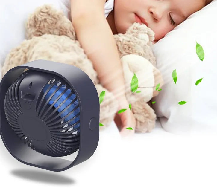 USB desk fan with alarm clock style in blue colour, showing 360-degree rotation feature.