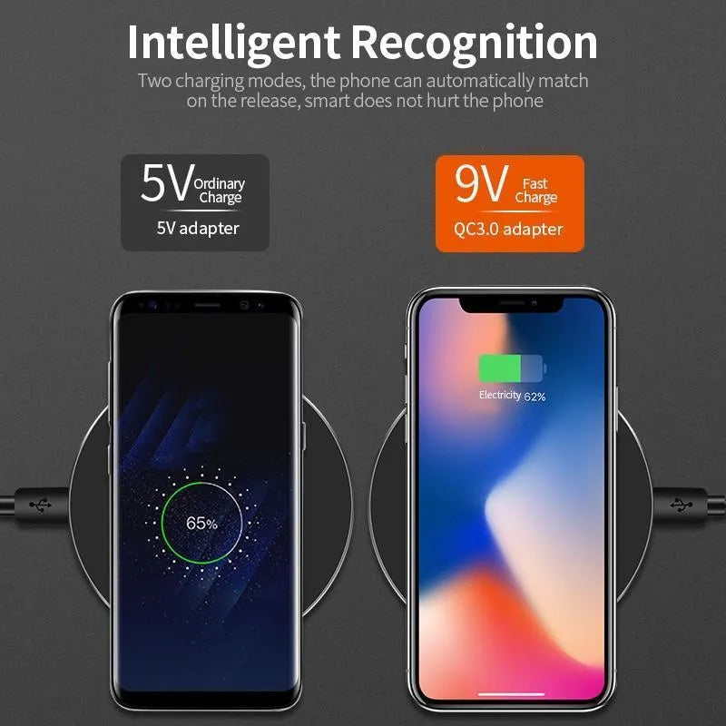 Black ultra-thin wireless fast charging base measuring 98mm square with 6.5mm thickness