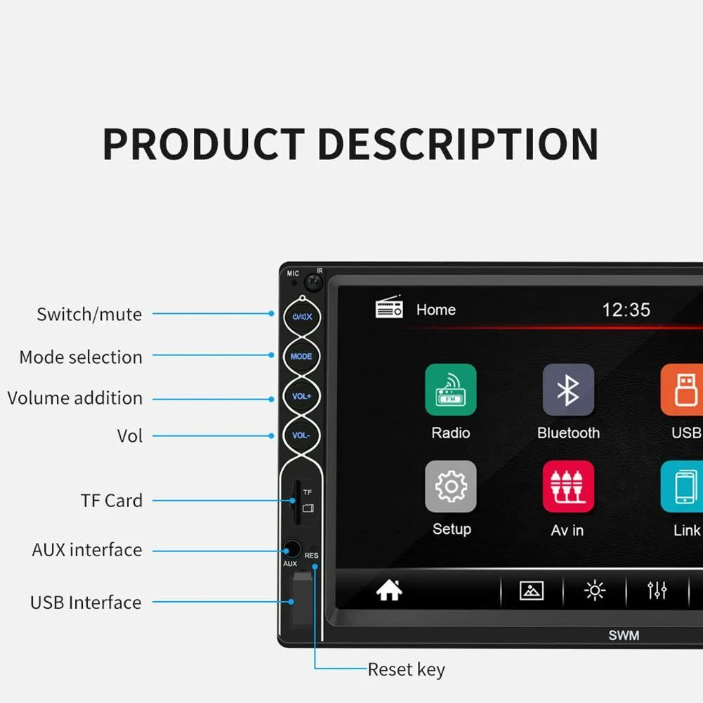7-inch double DIN car MP5 player with TFT screen and USB Bluetooth Android iPhone support, panel 178x100mm