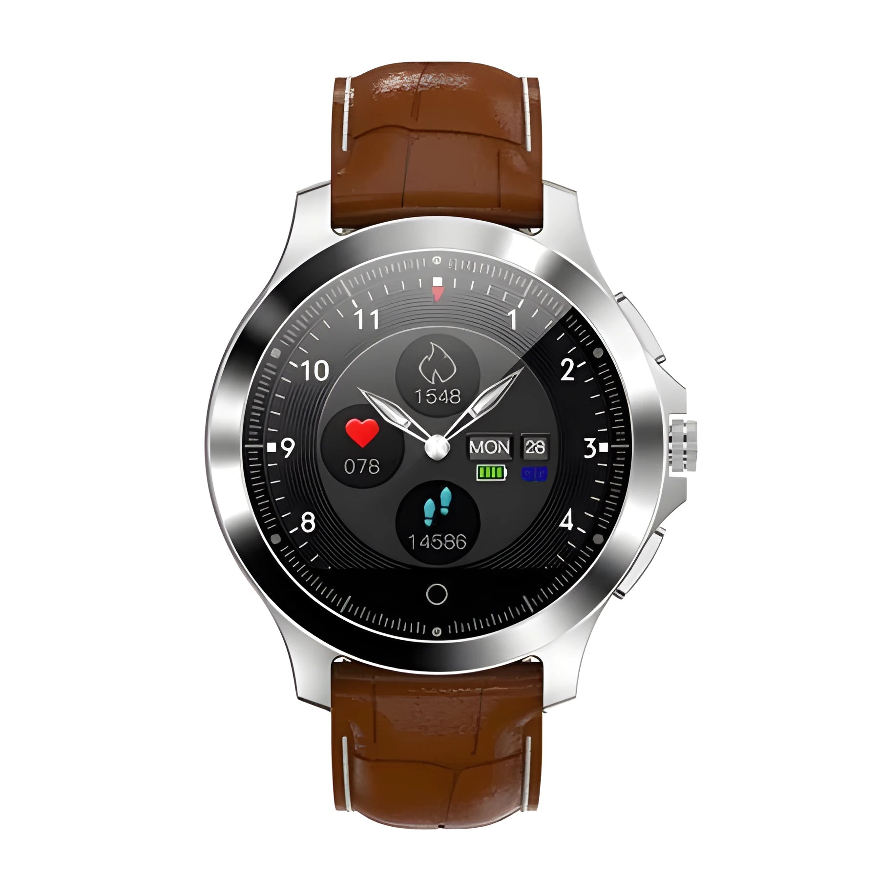 W8 ECG smart bracelet with 304 stainless steel body and black TPU strap showing heart rate reading on display
