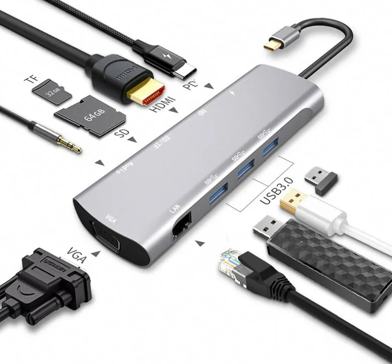 Grey aluminium USB-C docking station with HDMI, VGA, USB 3.0, and PD charging ports.