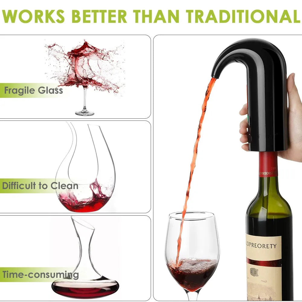 Portable electric wine pourer with black body, food-grade silicone catheter, and red light near a glass of red wine