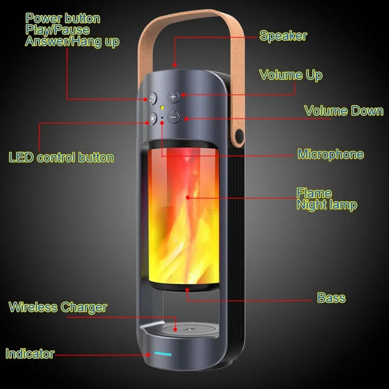 Portable Alpha Flame Light Bluetooth speaker with realistic dancing flame effect and wireless charging function in blue