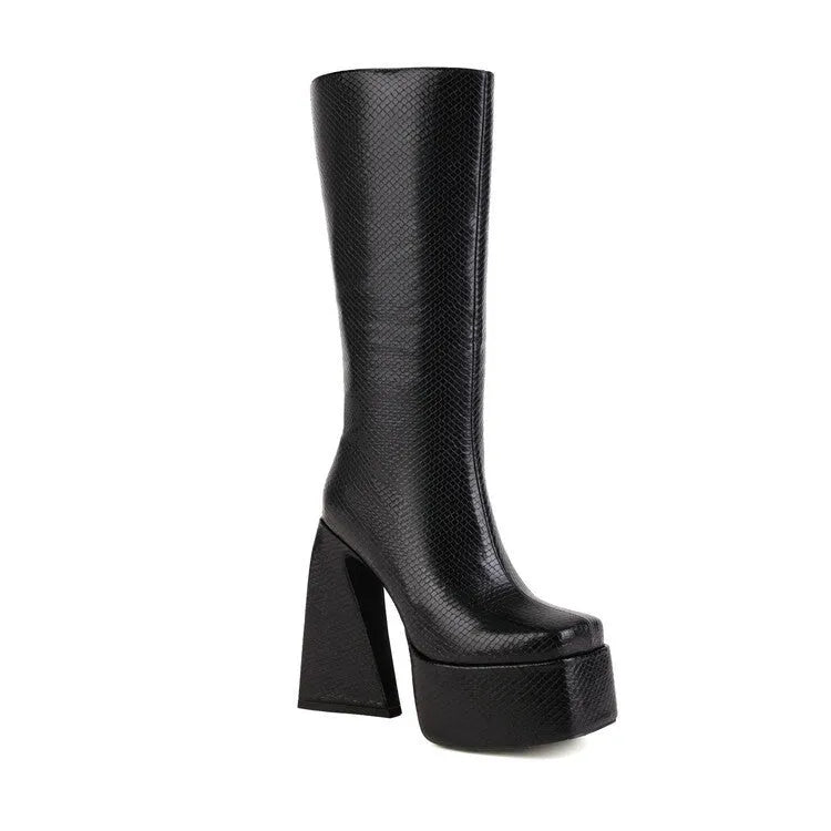 Women's black casual high boots made of synthetic PU leather, shown in a side view.