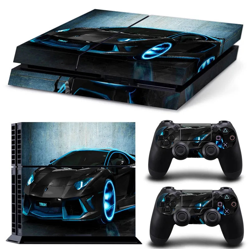 PS4 console with applied black PVC decal skin sticker showing high-definition print