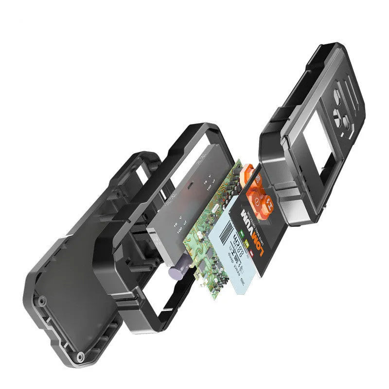 Handheld multifunctional wall detector with display for locating metal, wires, and wood.