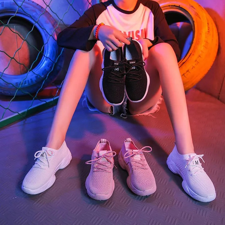 Women's white flying woven sports shoes with thick rubber soles and front strap design