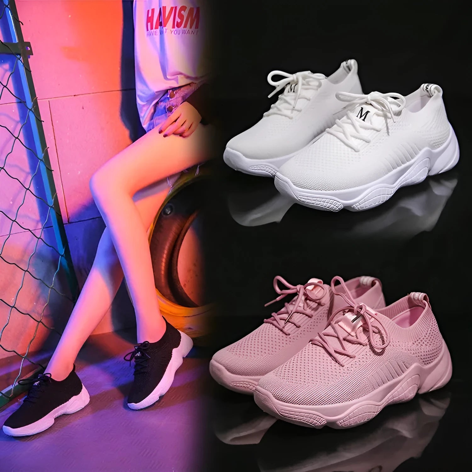 Women's white flying woven sports shoes with thick rubber soles and front strap design