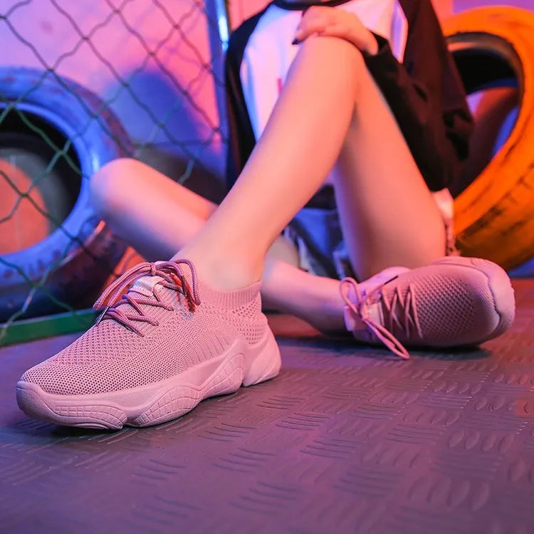 Women's white flying woven sports shoes with thick rubber soles and front strap design