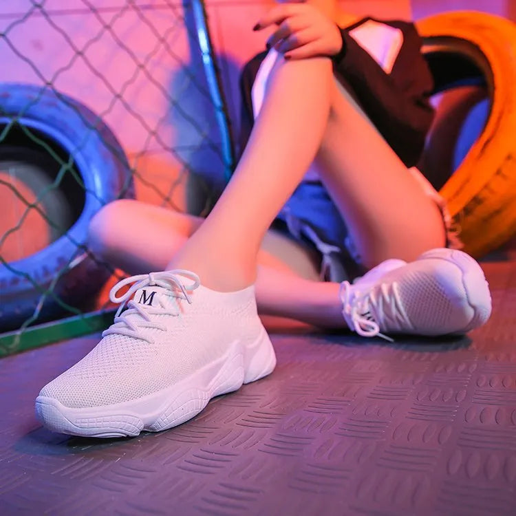Women's white flying woven sports shoes with thick rubber soles and front strap design