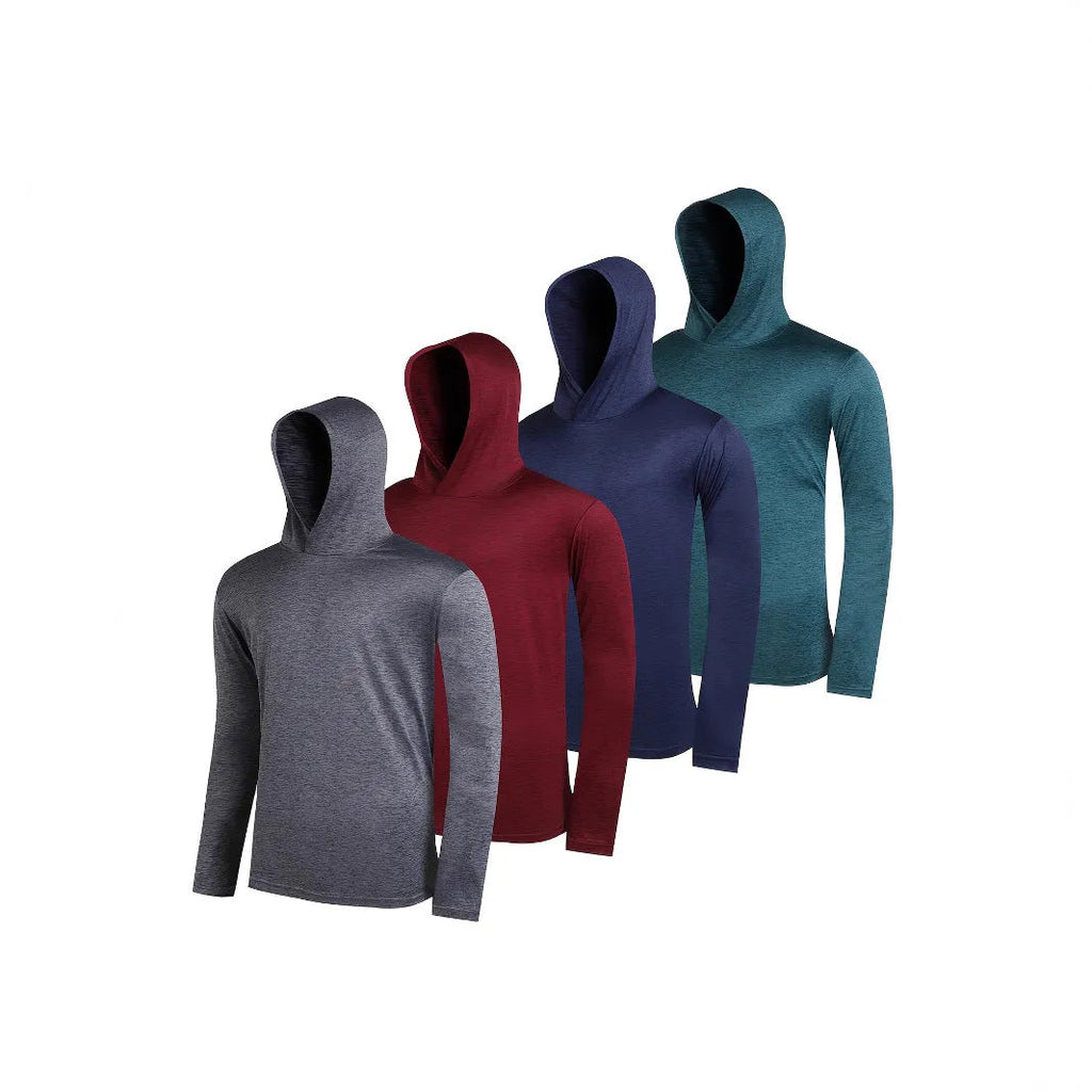 Set of four men's lightweight polyester hoodies in various colours, some with hats.