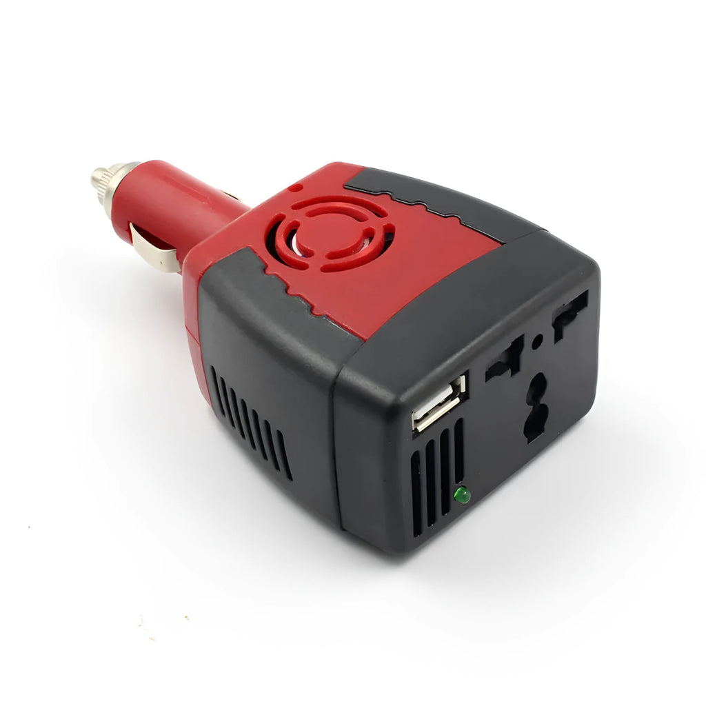 150W car power inverter 12V to 220V with USB output in black and red plastic casing