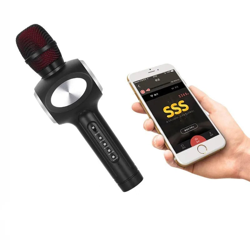 Yaerjia E108 mobile microphone in black with echo sound effect and dual speaker output
