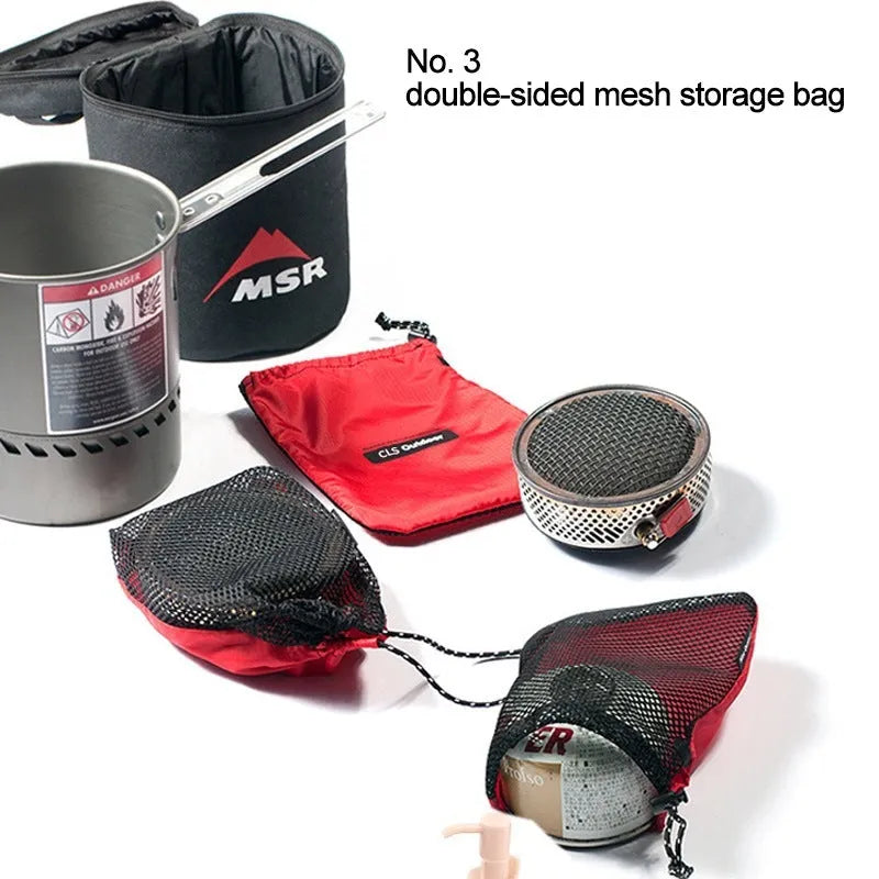 Five red outdoor storage bags with mesh panels and zipper closures for travel organisation