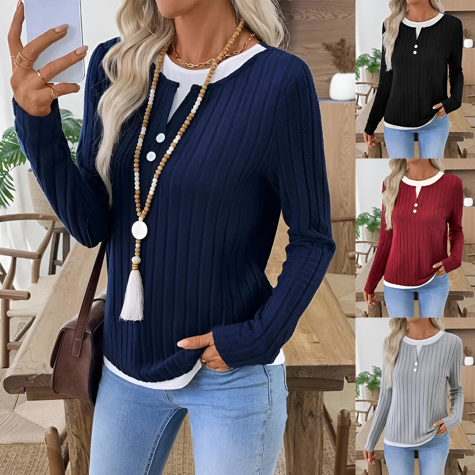 Women's fake two-piece pullover sweater with concave stripe pattern and round neck button detailing