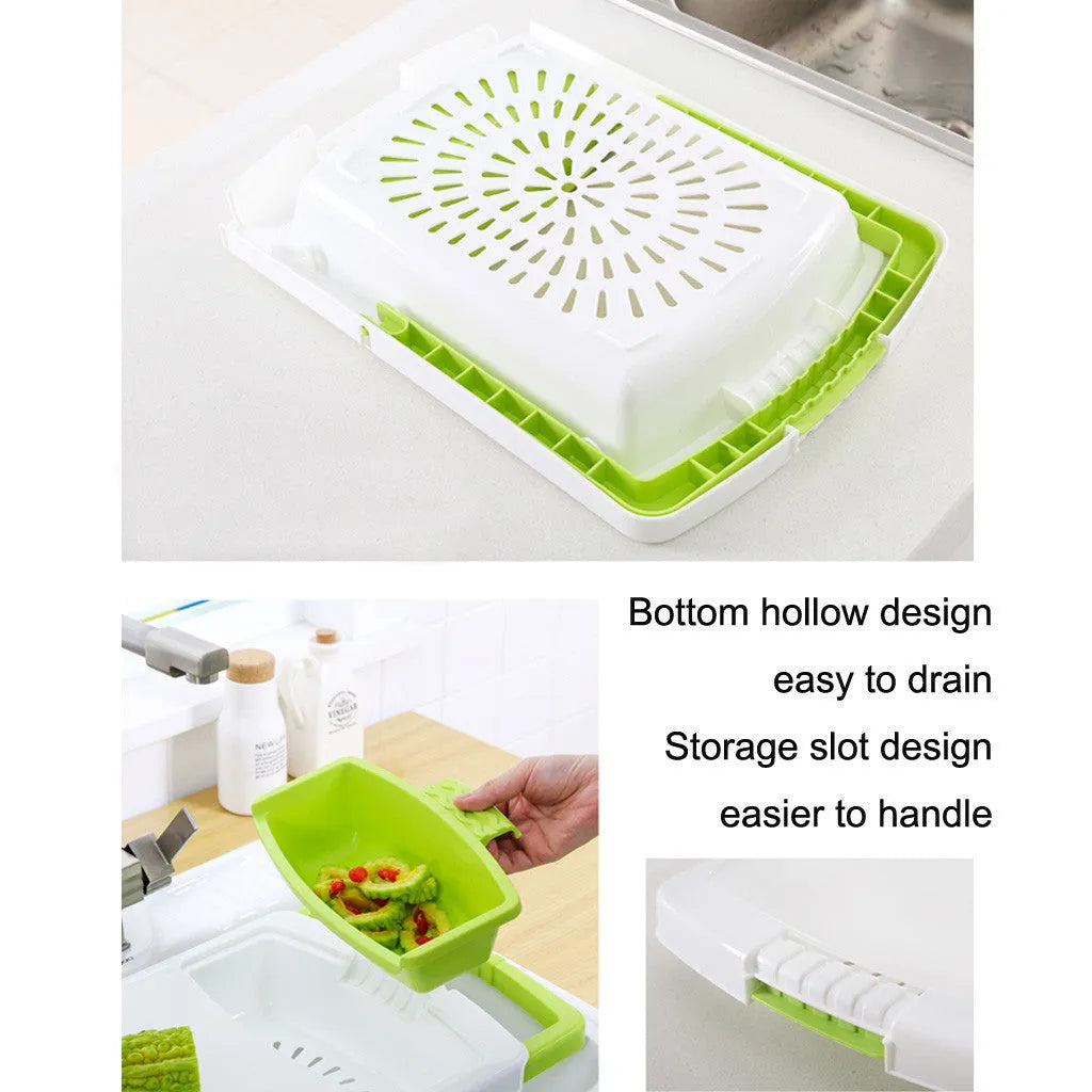 Green multi-function kitchen drain cutting board with storage trough and drainage holes on sink edge