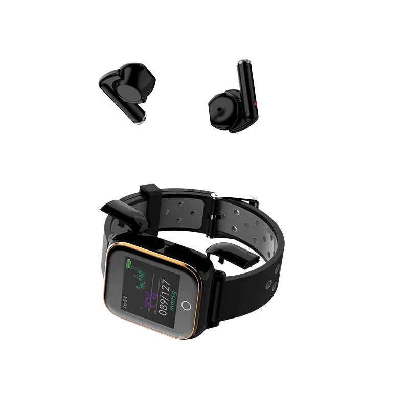 Black smart watch with built-in Bluetooth earbuds stored in the watch case on a wrist