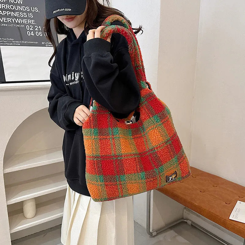 Women's plaid shoulder tote bag in army green with crossbody strap and large capacity dimensions