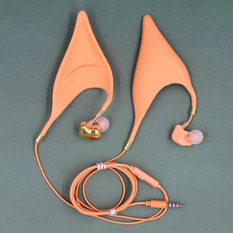 Cute cartoon elf-ear in-ear headphones with 3.5mm wired mic for cosplay