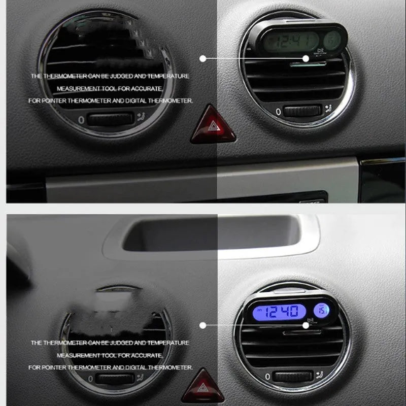 Black car electronic clock thermometer with digital display and adjustable bracket