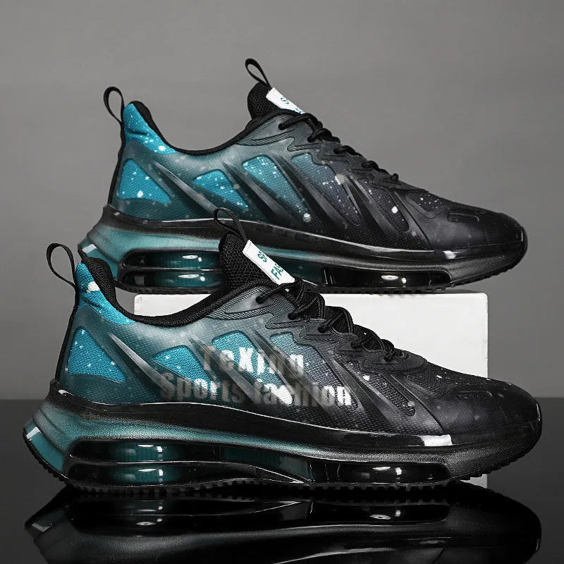 Men's black-green heightened platform trainers with mesh upper and rubber sole
