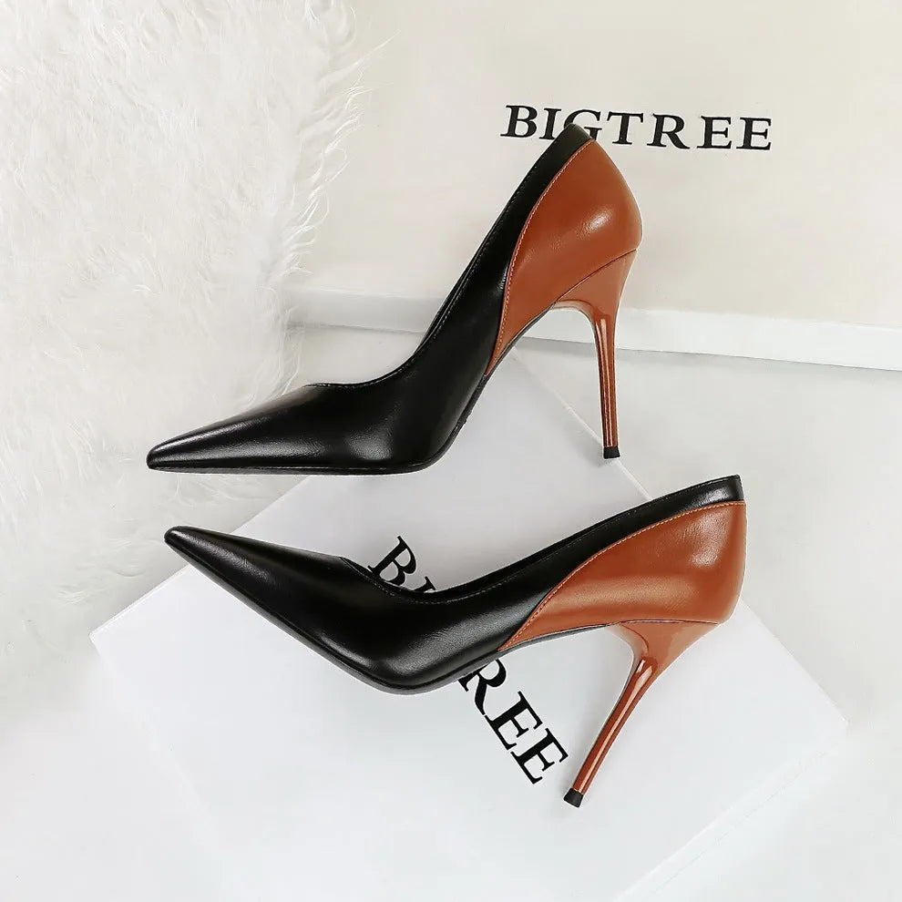 Women's stiletto heel pumps in colour block design with pointed toe and high heel for banquets