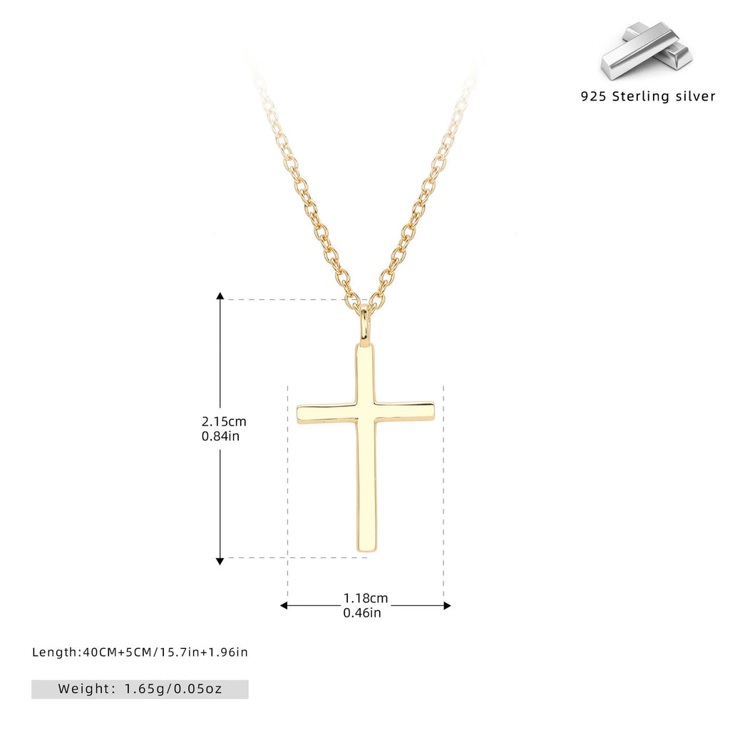 Simple glossy cross pendant on an O-chain sterling silver necklace in gold plating.